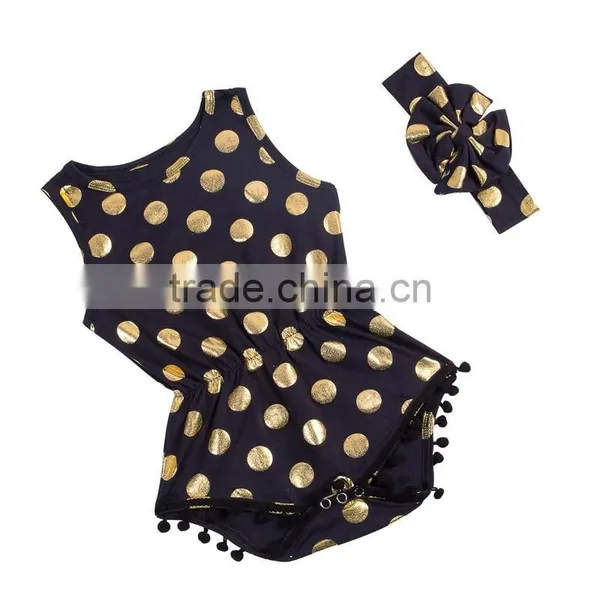 Popular Gold Dot Printed Kids Jumpsuit Harem Pompom Headbands Baby Sleeveless Romper photo-2