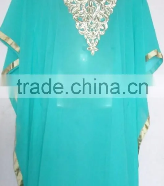 AQUA BLUE EMBROIDERED Georgette CAFTAN Kaftan Tunic Poncho Zip Cover up photo-2