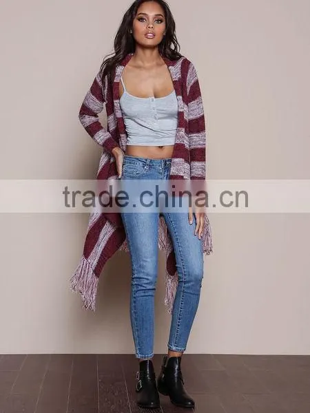 MGOO OEM Custom Burgundy Fringe Cardigan Mohair Striped Outwear Koreas Style Tassels Asymmetric Sweaters photo-2