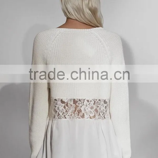 Fashion Women Knit Top Sweater With Lace Trim Pullover photo-2