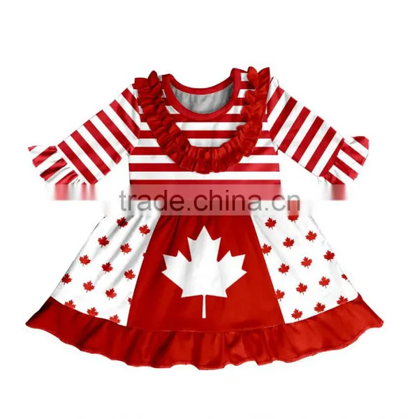 CH00253YIWU BOYA Cotton Milk Silk Dress Cotton White Red Stripes Maple New Fabric Pattern Kids Clothes Wearing Boutique Dresses