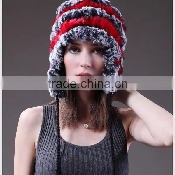 YR378 Ladies' Warm Real Rabbit Fur Pompom Hat/ Real Fur Hat