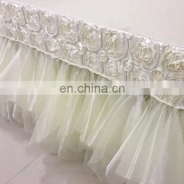 TC121D New Design 8ft Rectangle Rosette Ruffled Curly Willow Table Skirt photo-3