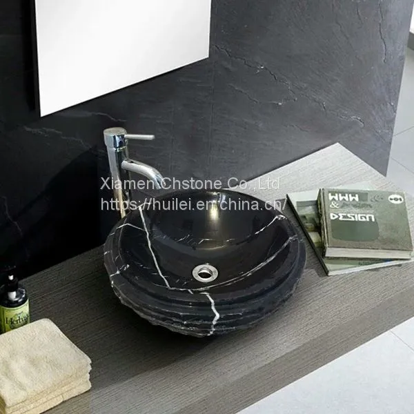 China Black Marble Sinks,Black Marqunia Marble Round Sinks, Marble Basins photo-2
