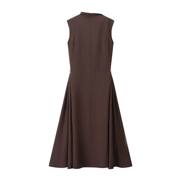 Summer New Women's Clothing European and American Sweet and Fresh Pure Color Sleeveless Elegant High Waisted Round Neck Dress photo-2