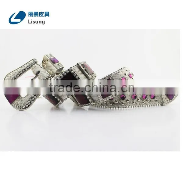 Purple Crystal Full Rhinestone Buckle Horse Hair Hide Western Cowgirl Belt photo-2