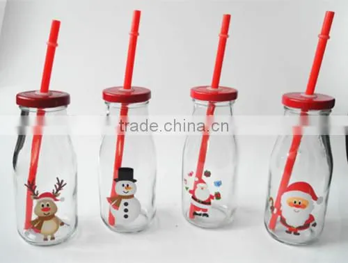 Christmas Use Glass Cow Milk Drinking Bottles With Red Lid and Straw photo-2