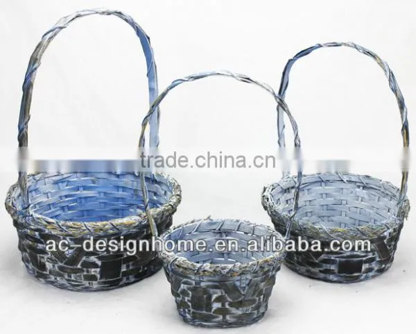 S/3 DK. BLUE WASH ROUND BAMBOO CHIP BASKET W/HANDLE