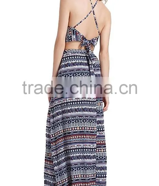 Long Skirt With Kurti and Tops for Sexy Women 2 Pieces Floral Halter Backless Crop Top + Maxi Skirt Set photo-4