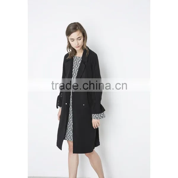 2018 Fashion Women Classical Black Plain Collar Belted Long Trench Coat photo-4