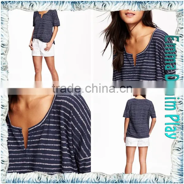 Hot Styles High Quality Ladies Blue White Stripe Knit Open O Neck T-Shirts Adult's Tops photo-5