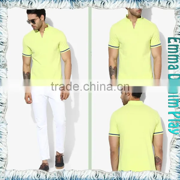 2017 Yellow Mens Contrast Trimming Slit Collar T-shirts photo-5