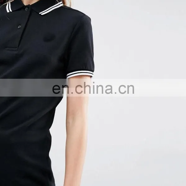 2016 Latest Women Black Multicolor White Tipped Sleeve and Collar Polo Shirts Wholesale photo-3
