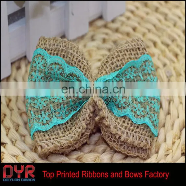 Blue Lace Jute Burlap Ribbon Bow