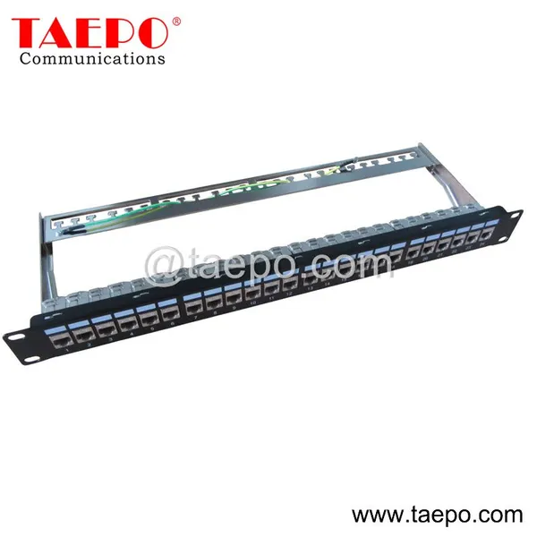 19 inch 1U 24 port CAT6A RJ45 STP shielded network server rack patch panel with cable manager and keystone