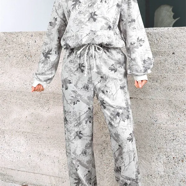 Red Stripe Pullover Hoodie Ribbed Solid Pants 2pcs Set Outfit Gray Leopard Print Raw Seam Patchwork Pullover Drawstring Loose Pant Set Wholesale photo-3