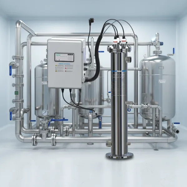 Vertical grounded installed UV water sterilization system for water treatment