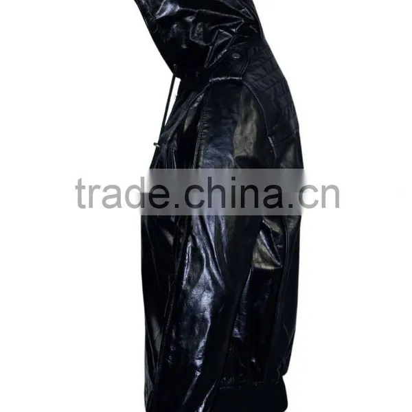 Black Hooded Leather Jacket for Men photo-6