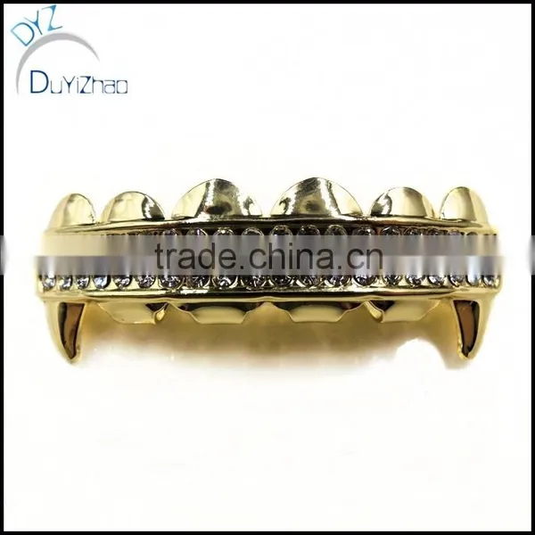 Gold Plated Grillz Two Row Upper Top Teeth Vampire Hip Hop Mouth Grills photo-2