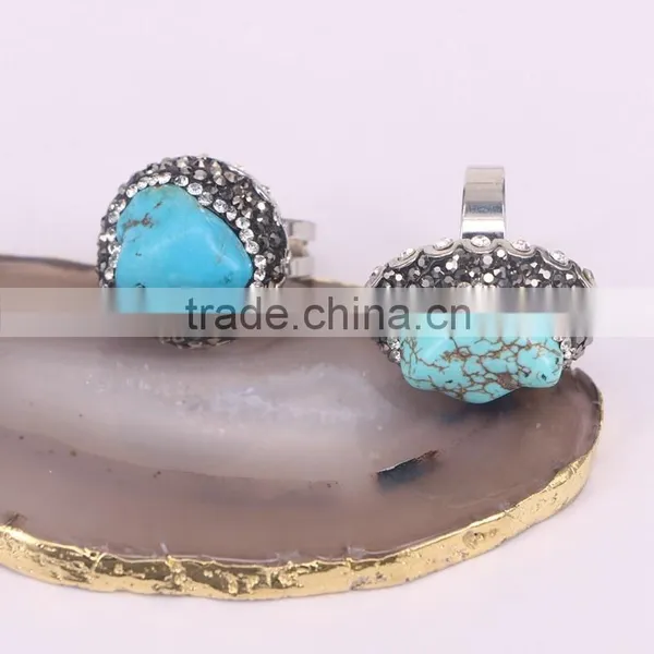 Fashion Rhinestone Free Shaped Blue Howlite Turquoise Ring Handmade Pave Crystal Jewelry Gemstone Ring photo-3