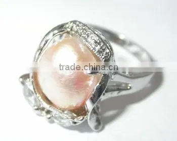 18K Gold Inlaid Pearl Round Ring Orange Pearl Tahitian Pearl Ring photo-2