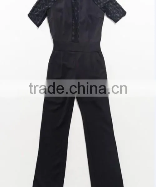 Solid Color Round Neck Short Sleeve High Empire Patch Mesh Women Jumpsuit photo-5