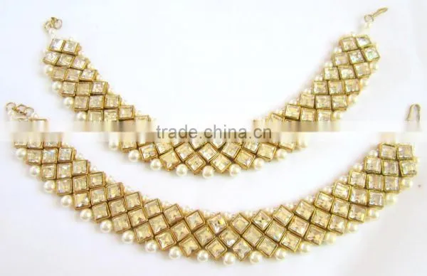 GOLD Tone Crystal PEARLS PAYAL Anklets Pair photo-4