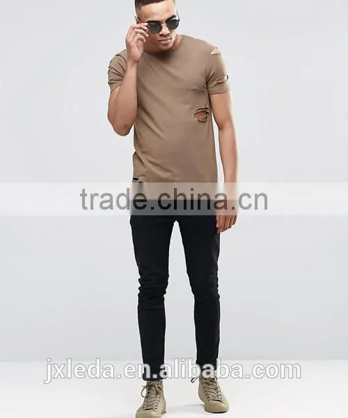 Men Longline Brown Distressing Blank Slim Fitted Muscle T-shirt Custom China Manufacturers photo-4