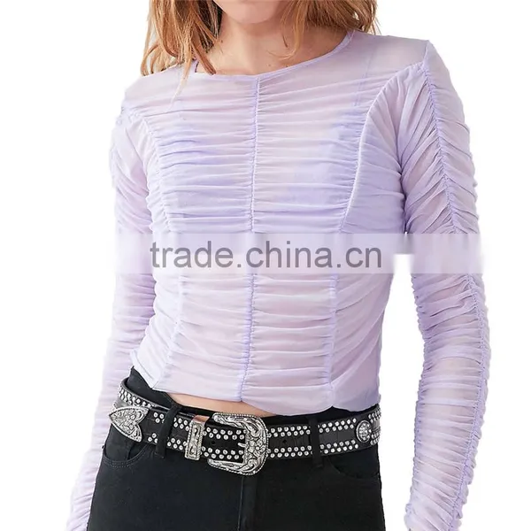 2017 OEM Sheer Minimal-femme Long Sleeves Ruched Fancy Blouse photo-2