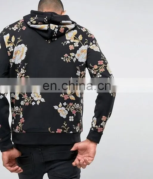 Black Side Slant Pockets All-over Floral Print Hoodie photo-2