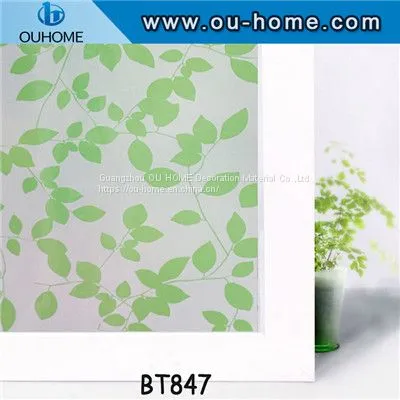 BT847 Stained Green Leaves Glass Privacy Window Film