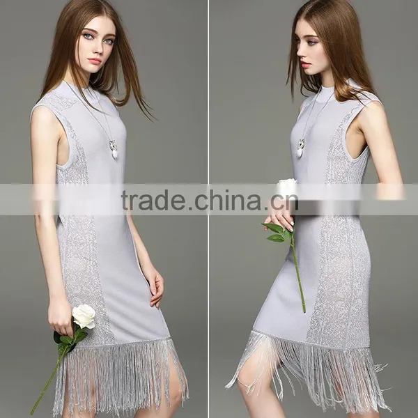 2017 Hot New Women Hollow Knit Dress Sleeveless Slim Hip Long Dress With Tassel photo-2