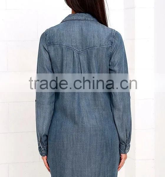 2016 New Design Women Shirt Dress Long Sleeve Denim Dress for Women Casual Wear photo-4