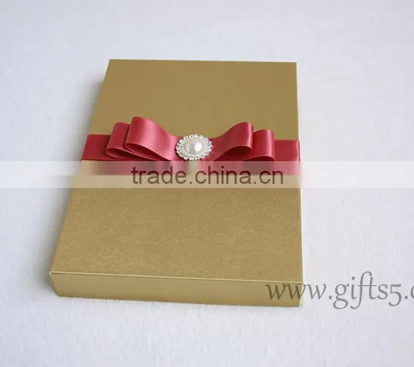 Luxury Handmade Gold Wedding Invitations Box With Ribbon Bow photo-3