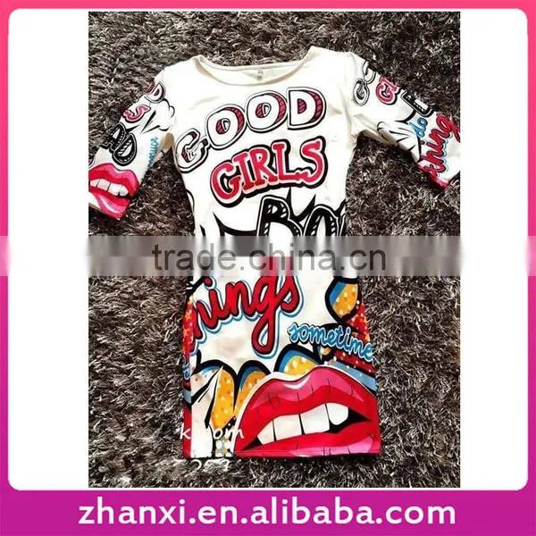 Fashion Lip Print Short Sleeve Wholesale Sexy Girl Communion Latest Dress Designs for Ladies
