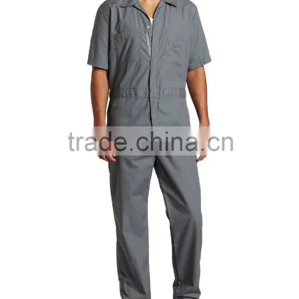 OEM 65% Polyester 35% Cotton Poplin Large Back Pockets Men's Short Sleeve Grey Coverall