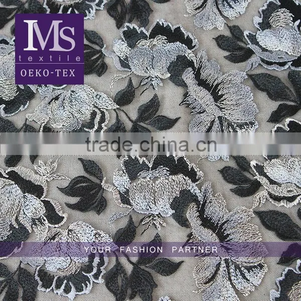 Floral Vintage Grey Black Chemical Fabric Embroidered Mesh Fabrics