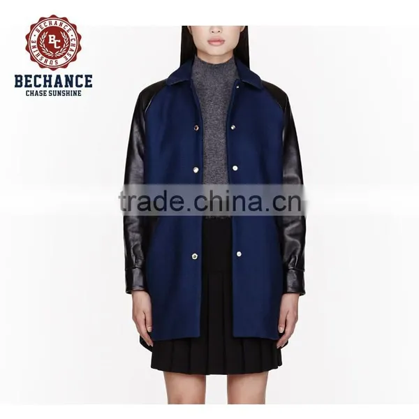 AB1502 Women Leather Sleeves Wool Long Coats photo-4