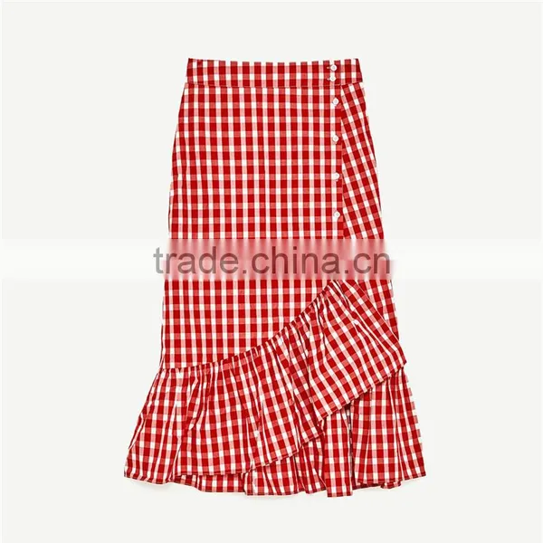 Latest Ladies Fashion Wholesale High Quality Red Plaid Frilled Skirt photo-6