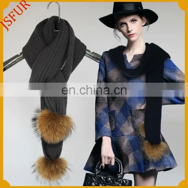 2016 Wholesale Genuine Fur Pom Poms Winter Knit Scarf