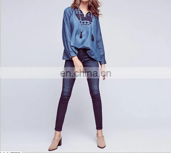 J0831 New Arrival Fashion Vintage Ethnic Embroidery Womens' Denim Shirt photo-4
