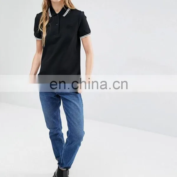 2016 Latest Women Black Multicolor White Tipped Sleeve and Collar Polo Shirts Wholesale photo-4