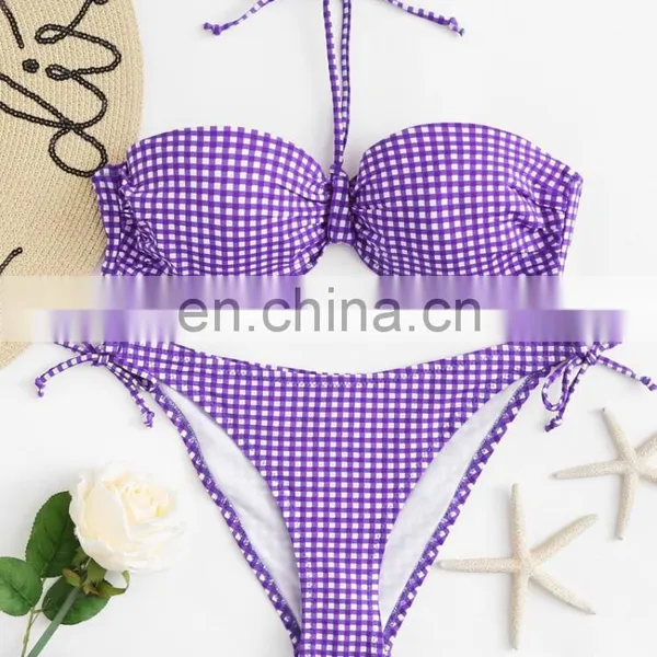 Tie Side Halter Gingham Print Bustier Bikini Set photo-5
