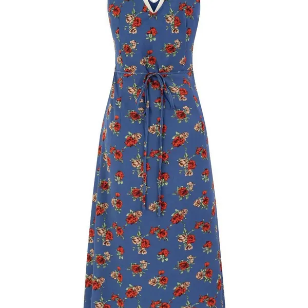 French Temperament Blue Floral V-neck Long Casual Dress Sleeveless 2025 Women's Dress