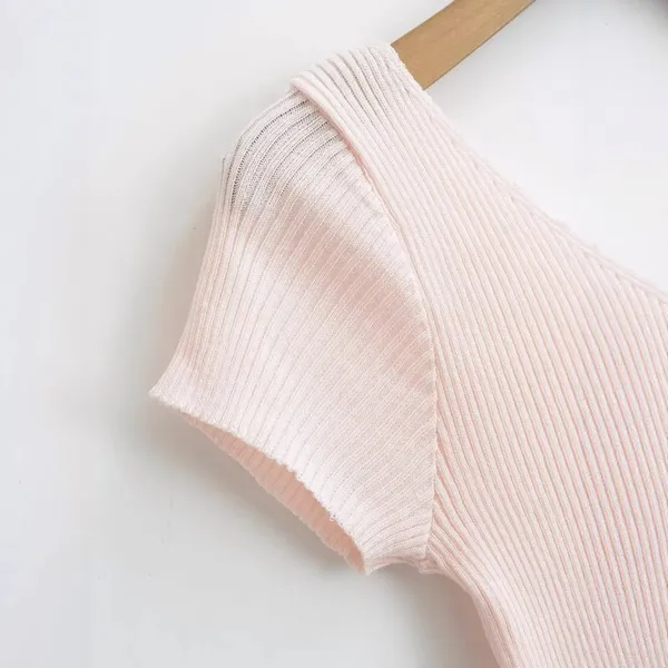 Slim Fit, Deep V-neck, Slim Figure, Flying Sleeves, Short Sleeves, Knitted T-shirt for Women, Khaki, One Size Fits All, Pink photo-3