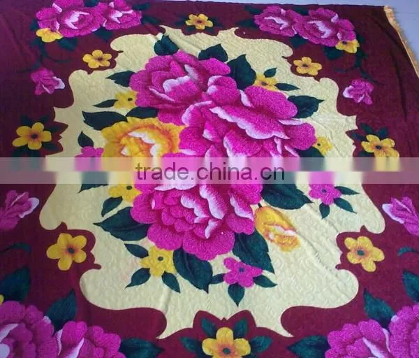 Emboss Flower Printed Velvet Bedsheet With 3 Side Lace
