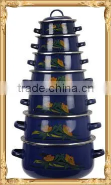 Best Selling Dark Blue Colorful Decal Enamel Cookware Set 7 Pcs Enamel Casserole Set With Double Handle