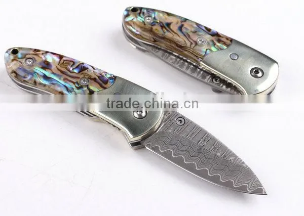 OEM Damascus Small Abalone Pure Copper Folding Knife photo-2
