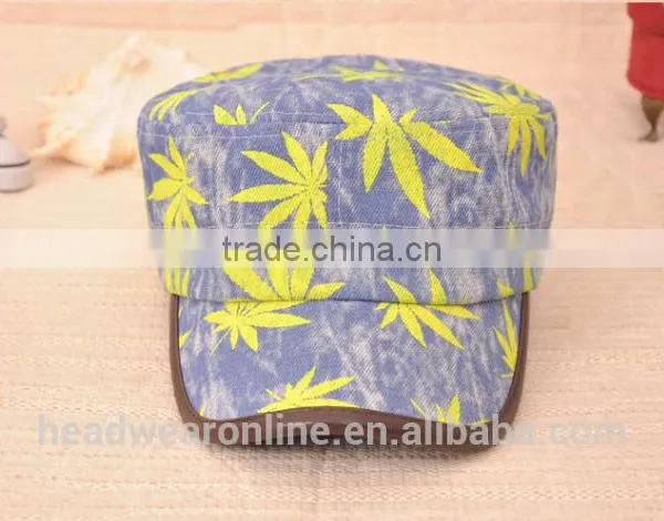 Colorful Maple Leaf Printed Denim Military Caps and Hats photo-3