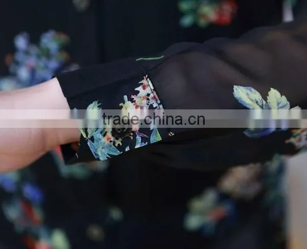 Hot Black Floral Print Chiffon Shirts for Woman Chiffon Long Sleeve Chiffon Tops photo-4